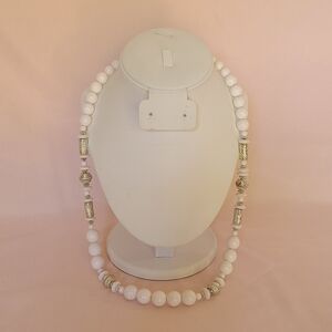 Vintage Chunky White Ball Disc Bead Etched Silver Tone Beaded Necklace 1980s